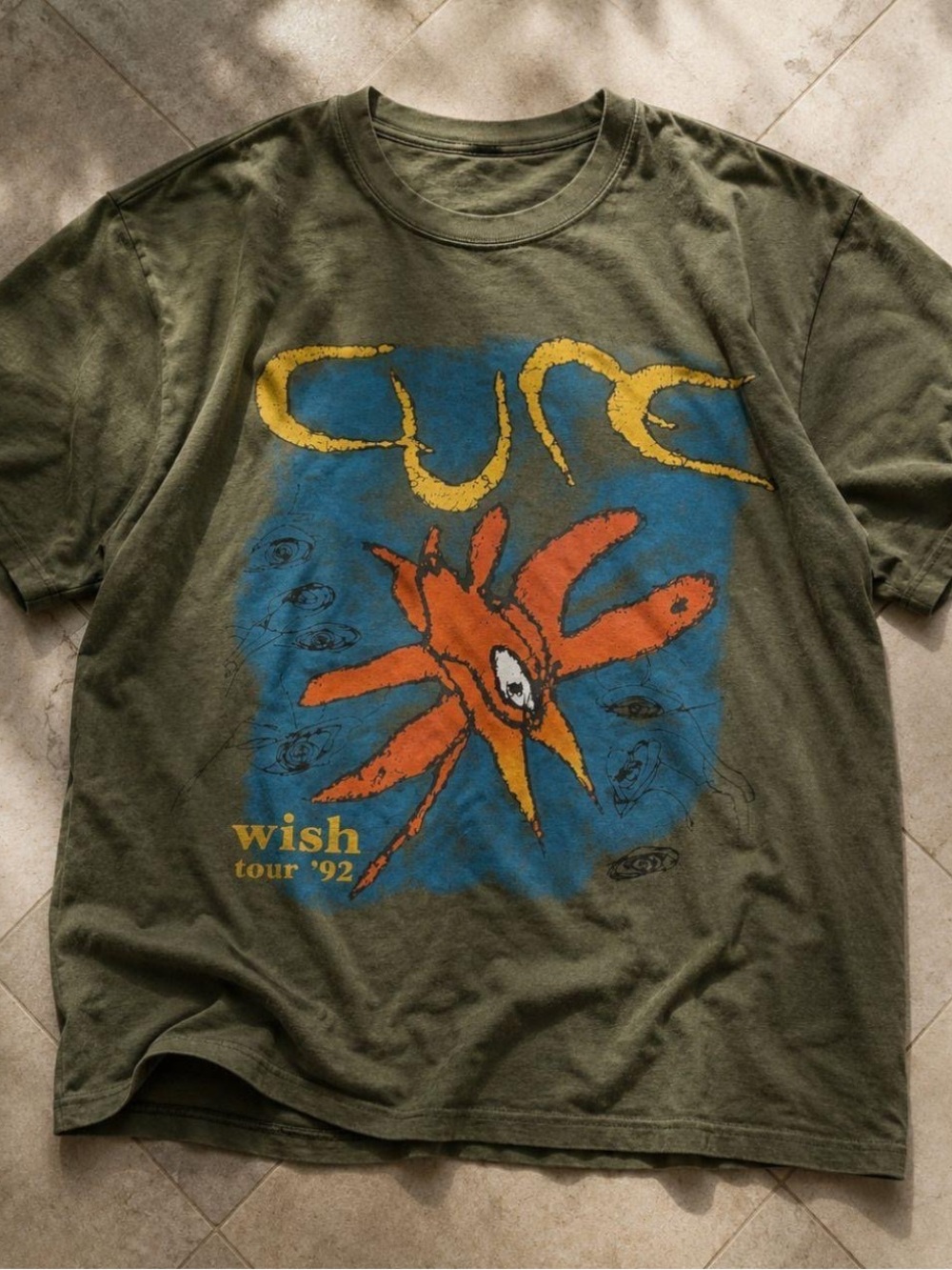 Gildan Olive Green Wish Tour '92 Graphic Tee with Blue and Orange Print